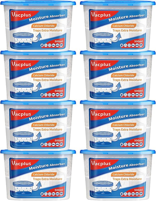Vacplus Moisture Absorbers - Dehumidifiers for Closet, Efficient Humidity Absorber Boxes Collect Excess Moisture for Bathroom, Kitchen, Study, Fragrance-Free, 8 Pack