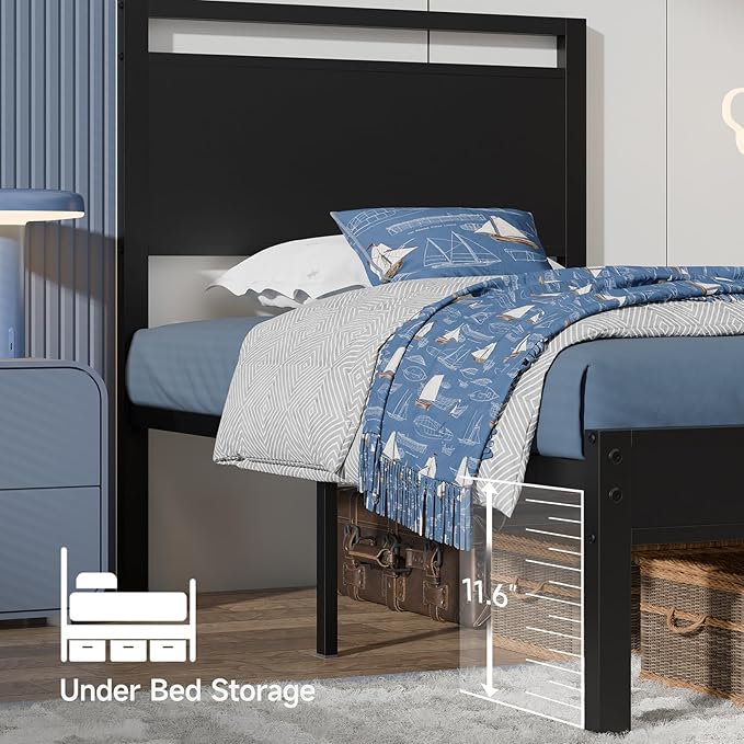 Z-hom Twin Metal Bed Frame with Wooden Headboard and Footboard, Heavy Duty Platform Frame with Metal Slats, No Box Spring Needed, Quiet and Non-Slip Design, Bed Storage for Small Bedroom,Black