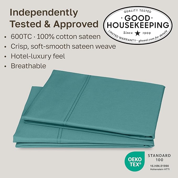 California Design Den Pillow Case King Size Set of 2 - Luxuriously Soft, Premium 600 Thread Count, 100% Cotton Pillow Cases King, Crisp Sateen - Teal