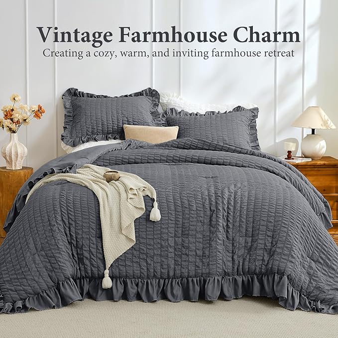 JOLLYVOGUE Dark Gray Queen Comforter Set, 3 Pieces Seersucker Bedding Comforter Sets, All Season Bed in a Bag Queen, Lightweight & Fluffy Queen Bedding Set with 1 Comforter, 2 Ruffle Pillowshams