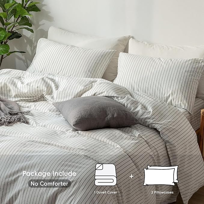 MooMee Striped Duvet Cover Set 100% Washed Cotton Linen Like Textured Breathable Durable Soft Comfy (White Dark Grey Wide Stripes, Super King Plus 120"x120")