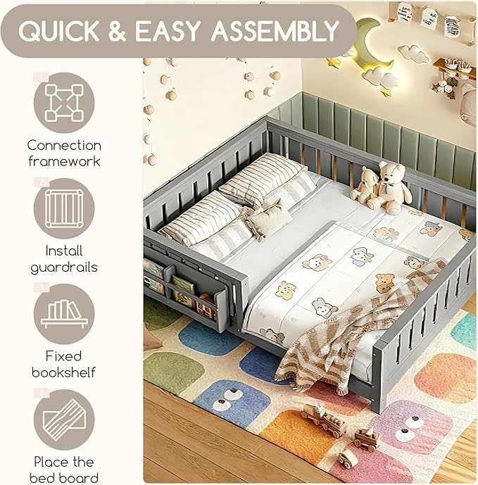 Bellemave Full Size Floor Bed Frame with Fence & Bookshelf, Solid Pinewood Montessori Floor Bed Full with Slats Load 450LBS, Low Profile Floor Bed for Kids, Bedroom, Nursery, Easy Assembly, Grey
