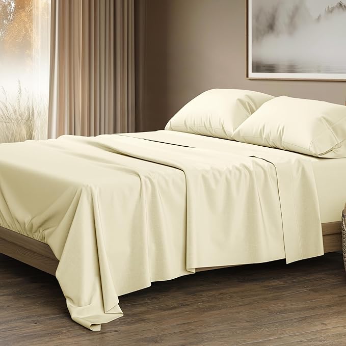 THREAD SPREAD 100% Egyptian Cotton Sheets California King Size - 1500 Series Cal King Sheets Egyptian Cotton (4 PC, Ivory), Silky Soft, Sateen Weave, Cooling & Breathable, 17" Deep Pocket Bed Set