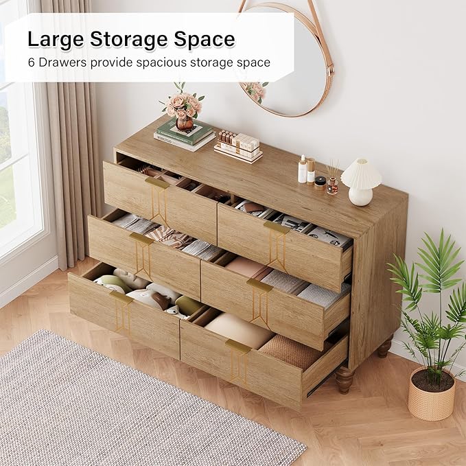 IDEALHOUSE Modern Wooden 6 Drawer Dresser with Vintage Pattern Design, Chest Dresser with Deep Drawers for Bedroom, Living Room and Entryway, Oak and Gold
