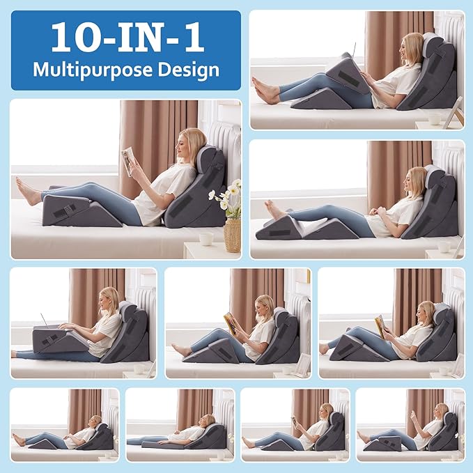 Ahpmeoa 5Pcs Wedge Pillow Set for After Surgery, Orthopedic Bed Wedge Pillow Set for Post Surgery, Acid Reflux Relief, Sleeping, Back Pain Relief, Adjustable Back Pillow for Bed Sitting up Grey Plush