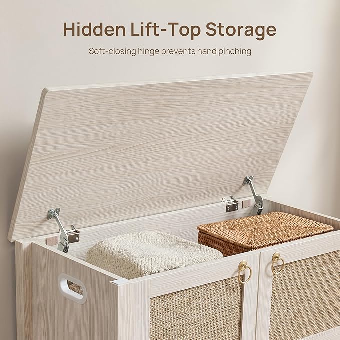 SICOTAS Rattan Shoe Rack Bench with Lift Top Storage: White Farmhouse Boho Shoe Cabinet Entryway Bench with Safety Hinges, Wooden Storage Chest for Bedroom, Entryway, Hallway, Living Room