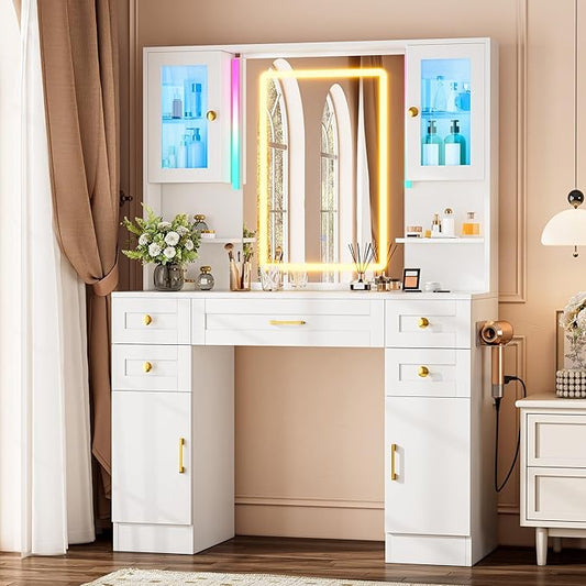 KAMABOKO White Makeup Vanity Desk with Mirror and Lights, Large Vanity Table Set with Charging Station, Dressing Table with RGB Cabinets for Bedroom Dressing Room