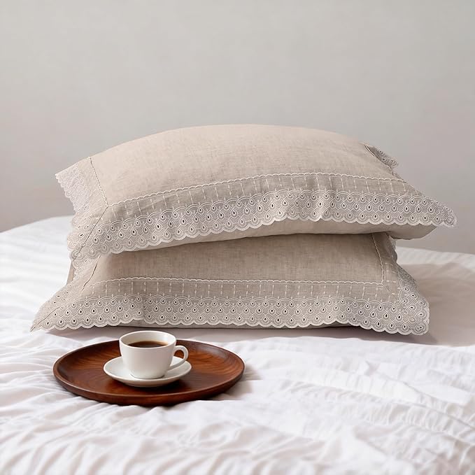 CHUFFED 100% French Linen Pillowcases with Embroidery Lace,French Vintage Style Stone Washed Breathable Pillow Covers Standard Size Set of 2 with Envelope Closure for Decor,20x26 inches, Natural Linen