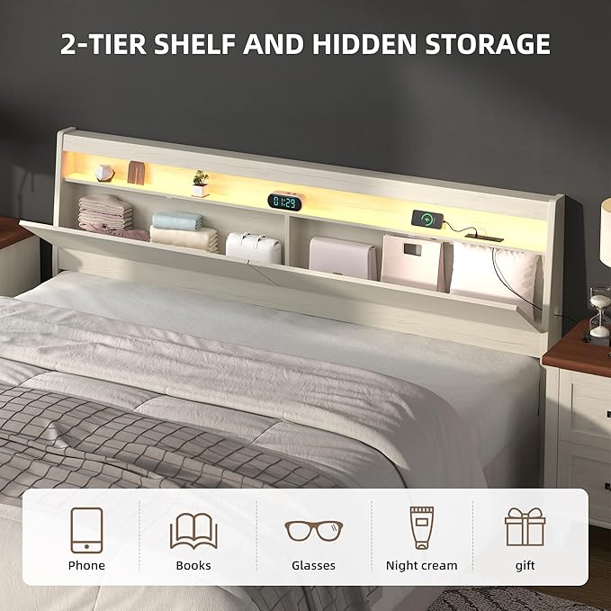 Wooden Headboard Only with Storage, Skirting Groove for Enhanced Stability, Built-in Power Outlet, 2 USB Ports & LED Light - Solid Wood Leg Sturdy Stable Bed Backboard (Ivory White, Queen)