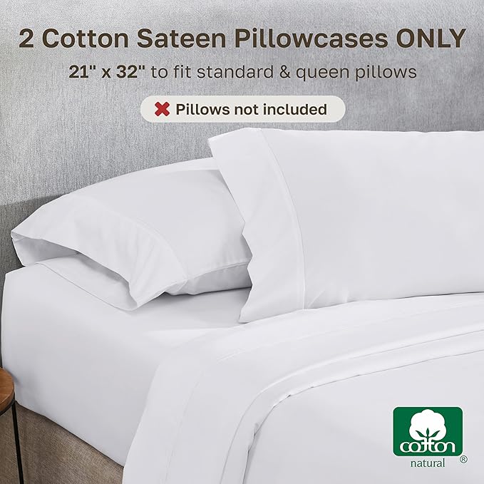 California Design Den Standard Queen Size Pillowcase Set - 400 Thread Count, 100% Cotton Sateen, Set of 2 Pillow Covers, Soft and Breathable - Bright White