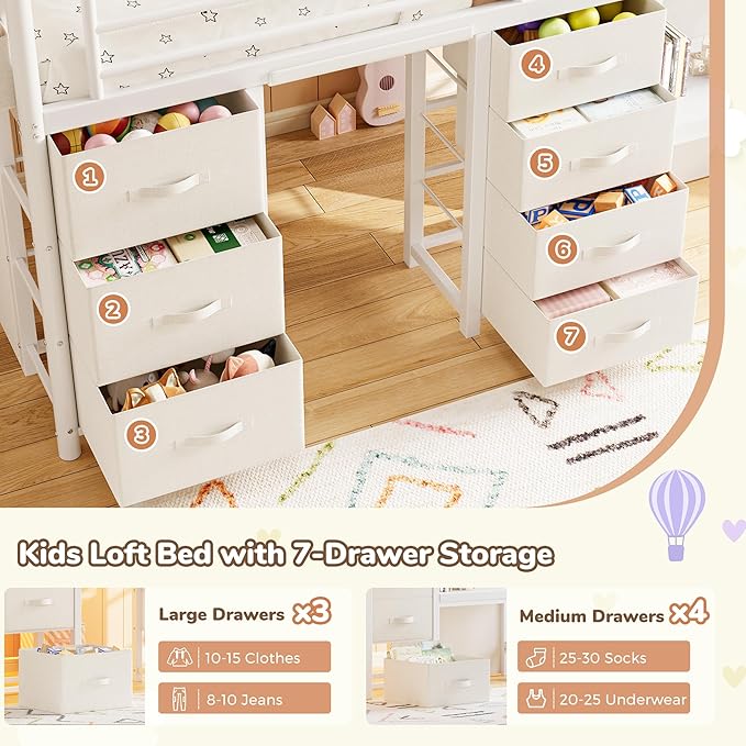 Low Loft Bed Twin Size with 7 Storage Drawers, Desk and LED Lights, Heavy Duty Metal Kids Loft Bed with 12" H Safety Guardrail, Anti-Collision Pad, Private Play Curtain, Under-Bed Play Space - White