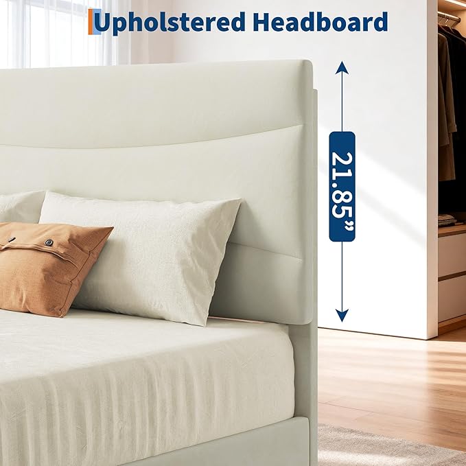 IDEALHOUSE Full Size Upholstered Platform Bed Frame with Ergonomic Headboard, Beige Soft Fabric, Heavy Duty Wooden Slats, Noise-Free, 6.3" Underbed Storage, No Box Spring Needed, Easy Assembly