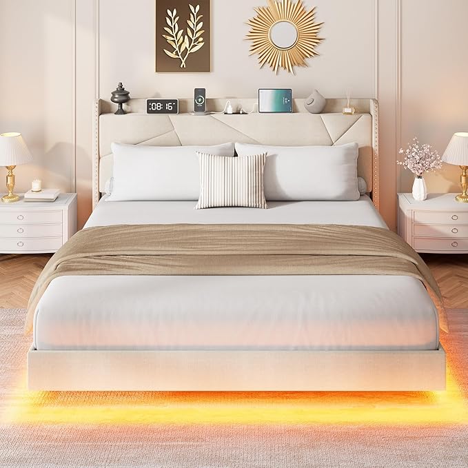 Garvee King Size Floating Bed Frame with RGB LED Lights and Charging Station, Upholstered Platform Bed with Storage Headboard and Button Tufted Design, No Box Spring Needed, Beige