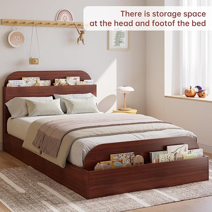 Garvee Twin XL Size Bed Frame with Storage Headboard and Raised Footboard – Wooden Twin-Floor Low Platform Bed for Kids, Heavy Duty & Noise Free, No Box Spring Needed, Espresso