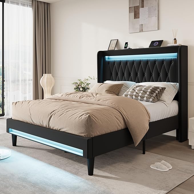 SHA CERLIN Queen Size LED Bed Frame with Charging Station, Velvet Upholstered Platform Bed with High Wingback Headboard, No Box Spring Needed, Easy Assembly, Black