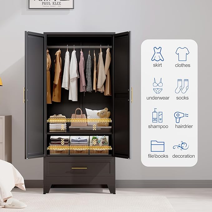 GAIOUS Steel Armoire Wardrobe Closet with Mirror Doors, 71" Household Wardrobe Cabinet with Hanging Rod and Drawer, Metal Clothing Storage Cabinet with Adjustable Shelf for Bedroom, Cloak, Gym(Black)
