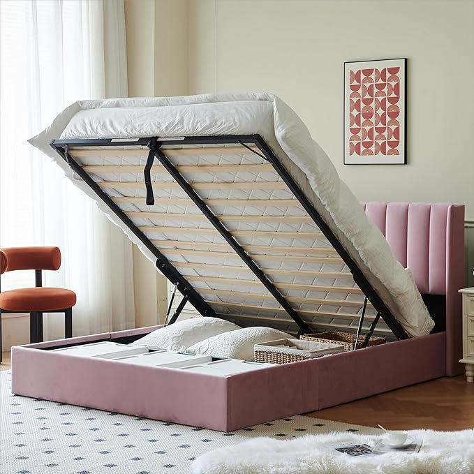 YUHUASHI Queen Size Hydraulic Storage Bed, Upholstered Platform Bed Frame, Modern Wingback Design Headboard, Velvet Fabric with Hydraulic Support Bars, No Box Spring Required (Pink, Full)