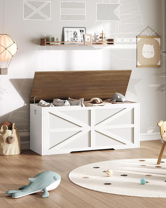 CHOEZON Storage Chest, 43.3" Toy Chest Storage, Farmhouse Storage Bench with Safety Hinge, Storage Trunk, for Bedroom, Living Room, Walnut and White MCW11WL