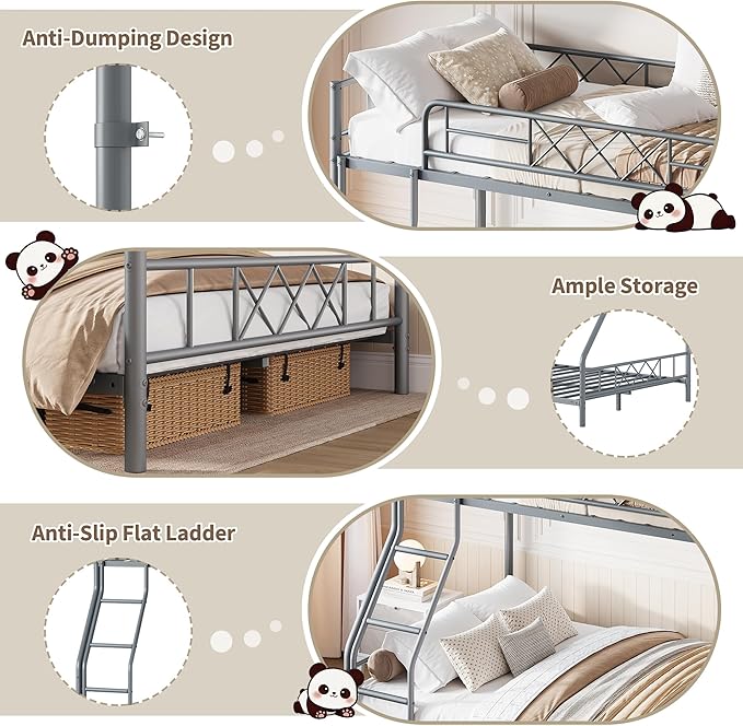 Garvee Twin Over Full Metal Bunk Bed, Heavy Duty & Sturdy Construction for Quiet Use, Includes Ladder & Guardrails, No Box Spring, Space Saver, Gray