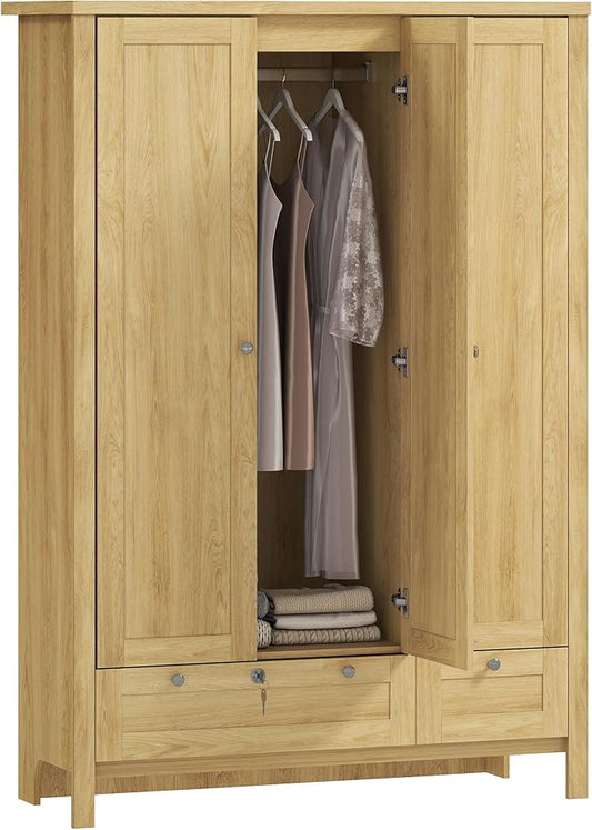 HOMCOM 3 Door Armoire Wardrobe Closet with 2 Drawers, 69" Clothing Storage Cabinet with Lockable Large Drawer, Hanging Rod and Storage Shelves for Bedroom, Wardrobe Cabinet, Natural
