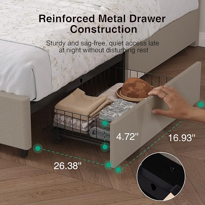 Novilla Queen Bed Frame with Drawers, Queen Bed Frame with Headboard, LED Bed Frame Queen Size, Charging Station and Adjustable Headboard Bed Frame Queen Size, No Box Spring Needed, Beige
