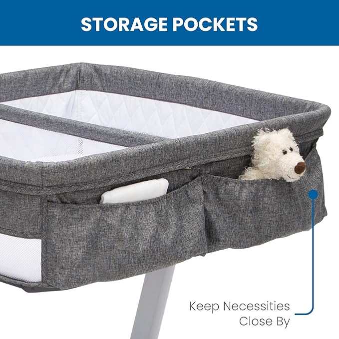 Simmons Kids By The Bed City Sleeper Bassinet for Twins - Adjustable Height Portable Crib with Wheels & Airflow Mesh, Grey Tweed