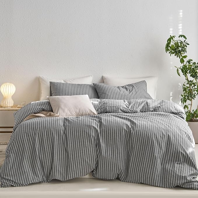 MooMee Striped Duvet Cover Set 100% Washed Cotton Linen Like Textured Breathable Durable Soft Comfy (Dark Grey White Wide Stripes, Palatial King/Oversized King 120"x98")