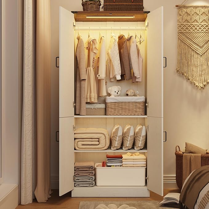Hlivelood 75" Tall Farmhouse 2 Doors Armoire Wardrobe Closet with LED,Freestanding Closet Wardrobe Cabinet for Bedroom with Hanging Rod,Wooden Armoire Storage Cabinet Adjustable(Rustic Off White)