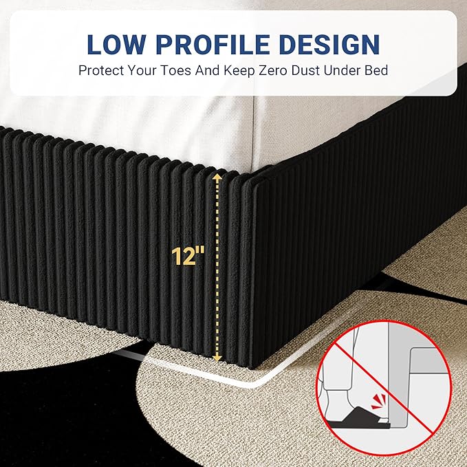 Allewie Full Bed Frame, Upholstered Platform Bed, Adjustable Vertical Channel Tufted Headboard, Corduroy Fabric, Modern Low Profile, Wooden Slats, No Box Spring Needed, Easy Assembly, Black