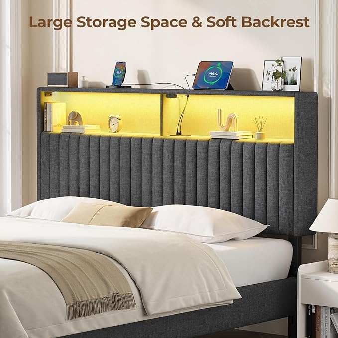 Rolanstar Headboard for Queen Size Bed with Storage, Head Board with USB & Type C Port, 60,000 DIY Color of LED Light, Velvet Upholstered, Height Adjustable, Sturdy, Easy Assembly, Grey