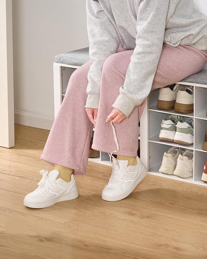 Hzuaneri Shoe Bench with Cushion, Entryway Storage Bench with 12 Cubbies, Cubby Shoe Rack with Adjustable Shelves, Shoe Organizer Cabinet for Living Room, Bedroom, Entryway, White SB19003GY