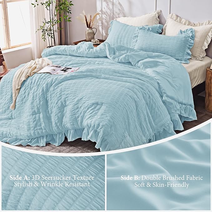 JOLLYVOGUE Light Blue Queen Comforter Set, 3 Pieces Seersucker Comforters Queen Size, Lightweight & Fluffy Bedding Sets for All Season with 1 Ruffle Comforter & 2 Ruffle Pillowshams