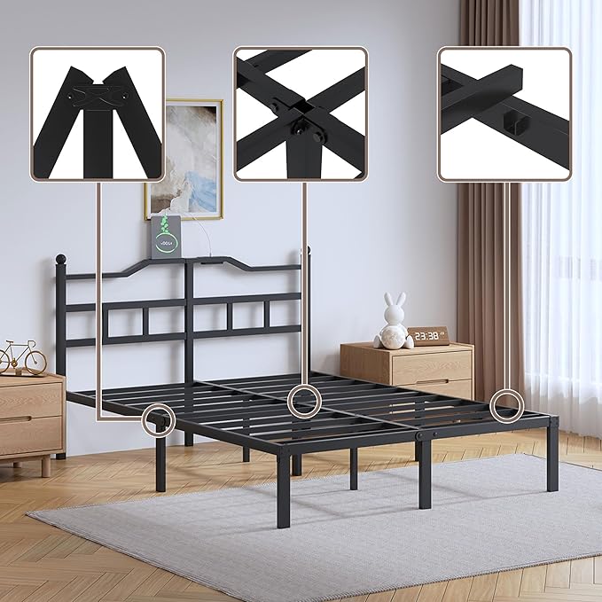 SHOANED 14 Inch Metal Bed Frame - Full Size Heavy Duty Bedframe with Charging Station & Headboard Basic Steel Slats Platform No Box Spring Needed/Easy Assembly/Noise Free