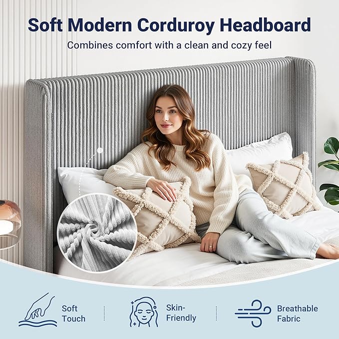 Allewie Queen Size Lift-Up Storage Bed Frame with Modern Wingback Headboard, Corduroy Upholstered Platform Bed, Hydraulic Gas Lift Support, Underbed Storage, Wooden Slats, No Box Spring Needed, Grey