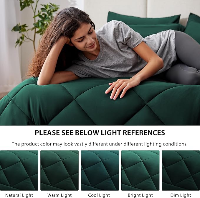 Love's cabin Twin XL Comforter Set Dark Green, 5 Pieces Twin XL Bed in a Bag, All Season Bedding Sets with 1 Comforter, 1 Flat Sheet, 1 Fitted Sheet, 1 Pillowcase and 1 Pillow Sham | Soft, Breathable, Lightweight, Comfortable