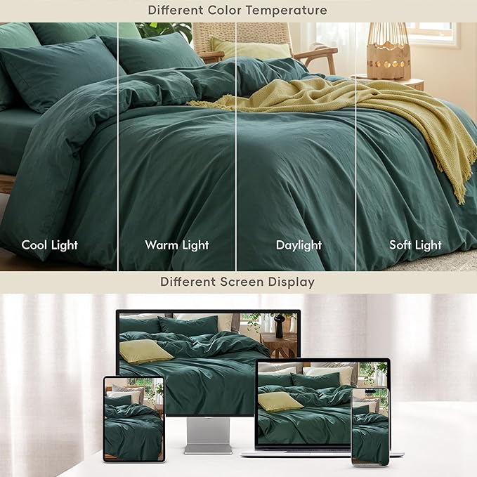 MooMee Bedding Duvet Cover Set 100% Washed Cotton Linen Like Textured Breathable Durable Soft Comfy (Solid Green, Queen 90"x90")