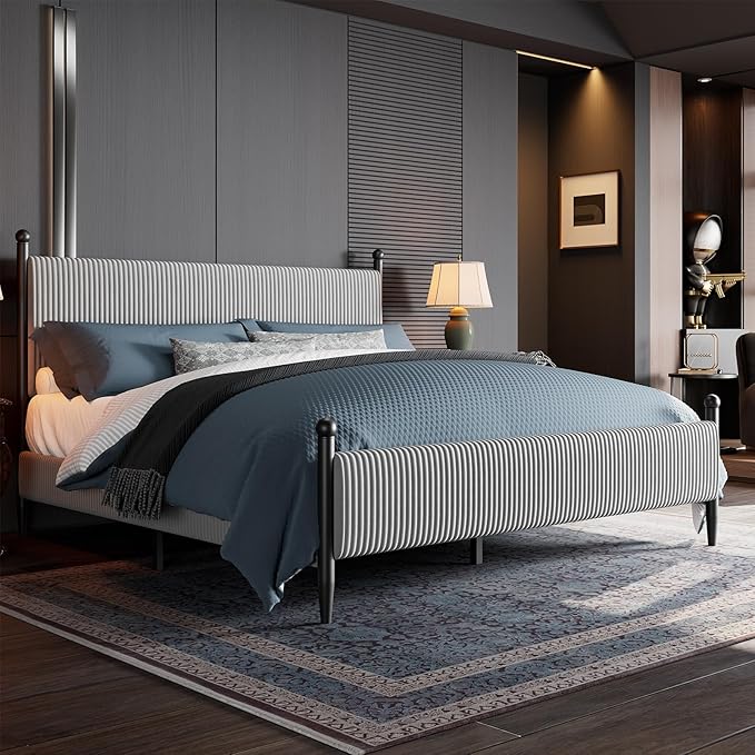 Garvee King Size Upholstered Bed Frame - with Velvet Headboard, Soft Corduroy Fabric Platform with Wooden Slats Support & Heavy Duty Feet, No Box Spring Needed, Noise Free, Easy Assembly, Grey