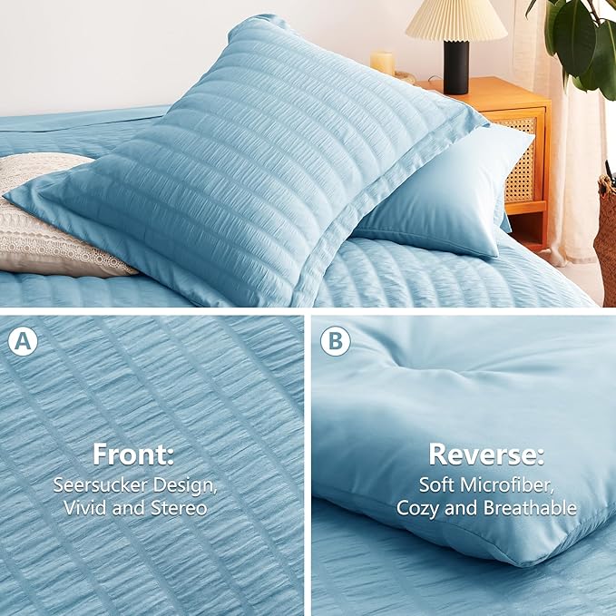 CozyLux Queen Comforter Set Sky Blue Seersucker 7 Pieces Bed in a Bag Queen Comforter Set with Sheets, Luxury Bedding Sets with Down Alternative Comforter, Sheets, Pillowcases & Shams All Seasons