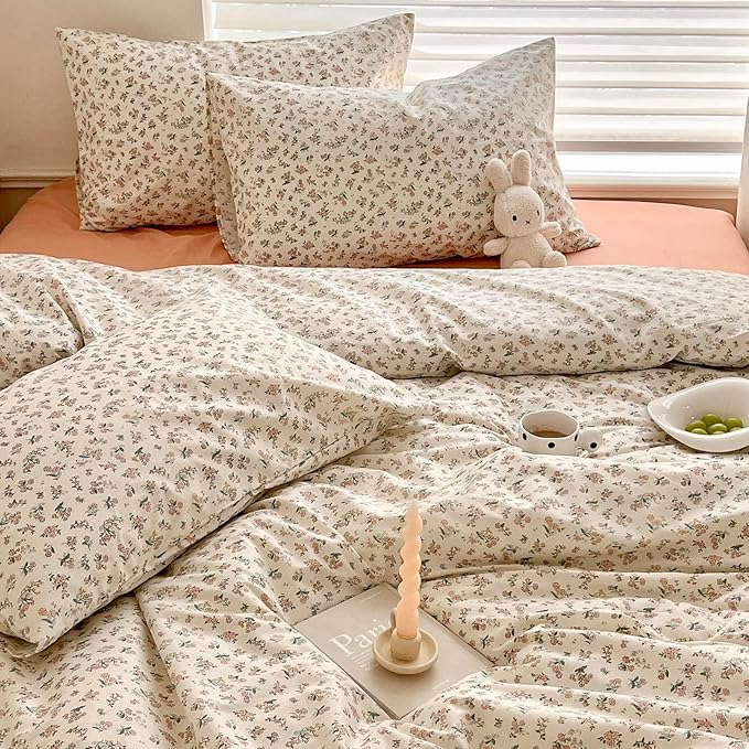 mixinni Boho Floral Girls Duvet Cover Set King Size Soft Cotton Comforter Cover Set Farmhouse Shabby Chic Flower Duver Cover for Women, 1 Cute Floral Duver Cover and 2 Pillowcases for All Seasons