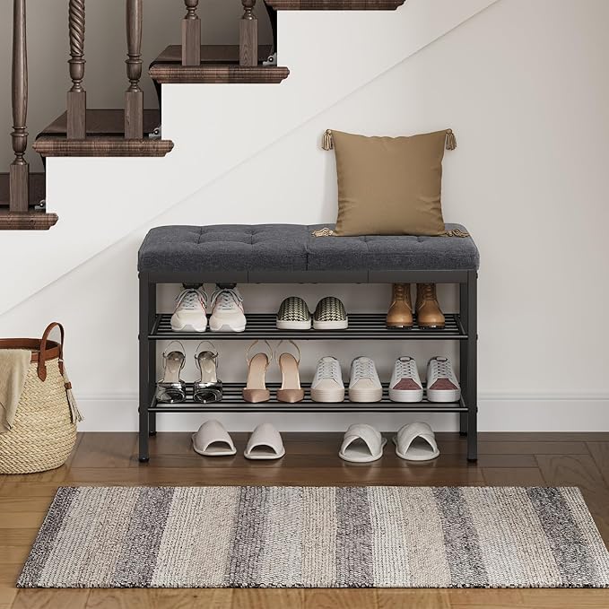 HOOBRO Shoe Bench, Storage Bench with Cushion, Entryway Bench Shoe Shelf with Seat, 12 x 29.5 x 18.1 Inches, Shoe Rack for Living Room, Bedroom, Hallway, Dark Gray BGZ95HX01