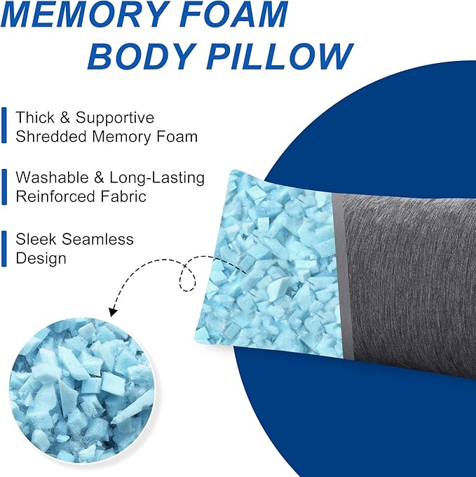 Hiasan Cooling Body Pillow for Adults - Memory Foam Insert, Long Full Body Pillow for Side Sleepers, Bed,Sleeping,Soft Support for Pregnant Women, Back Pain Relief, 20x54 Inch, Grey