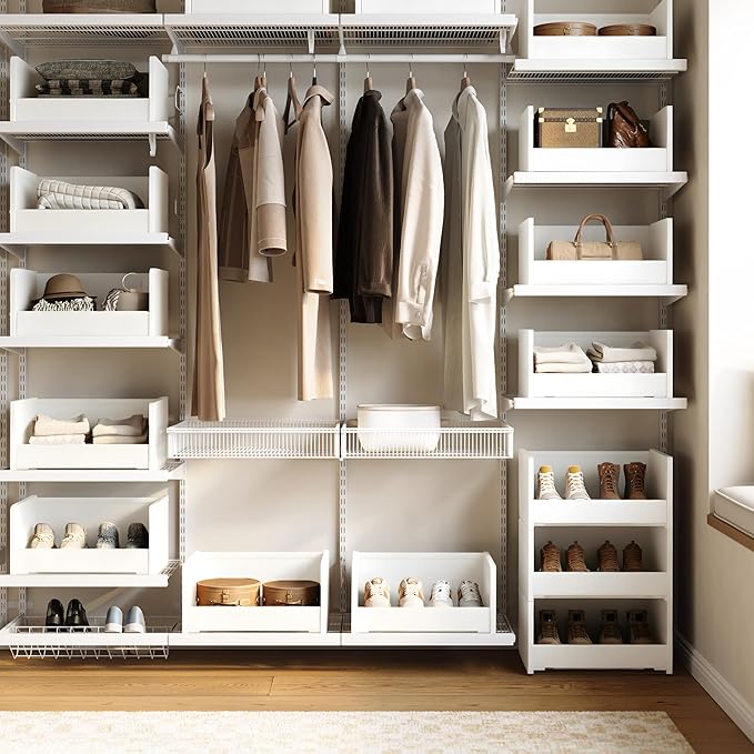 FOUCSSOMEI 4-Tier Stackable Closet Organizers and Storage, Closet Shelves – Heavy-Duty Stackable Closet Darwers Wood & Metal, Easy Assembly, Space-Saving,White, Patent Design