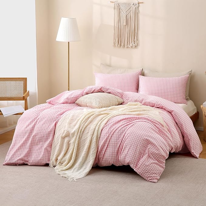 TOCOMOA Pink Gingham Duvet Cover Bedding Set 100% Washed Cotton Like Linen Feel Super Soft Comfortable 3 Piece Cute Plaid Checkered Comforter Cover Set (King 104"x90", Comforter Not Included)