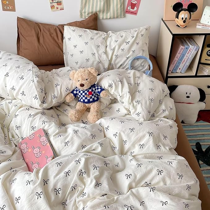 mixinni Vintage Bowknot Pattern Duvet Cover Set - Twin Size, 3 Pieces (1 Duvet Cover + 2 Pillowcases) - Boho Chic Black Bow Design Bedding with Zipper Closure for Girls & Women