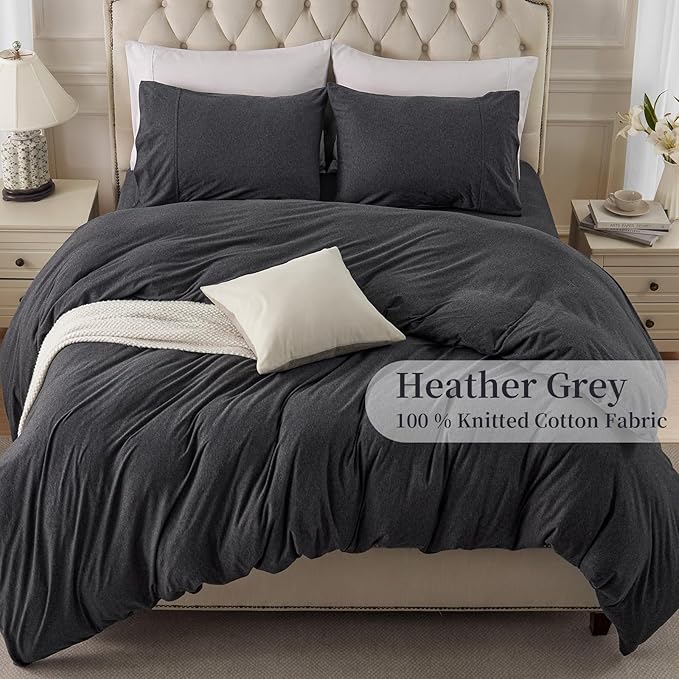 PURE ERA Jersey Knit Duvet Cover Set 100% T-Shirt Cotton Super Soft Comfy 3pc Bedding Set with Zipper Closure (Heather Charcoal Grey, Queen)