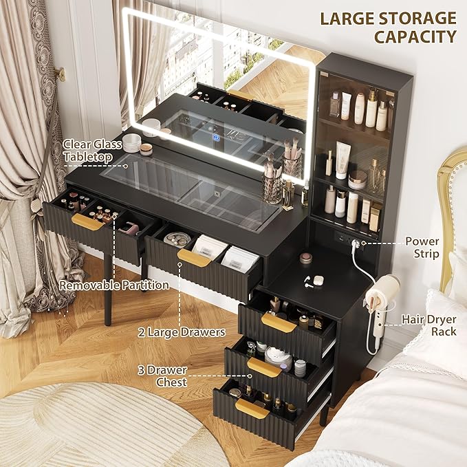 Garvee 48" Fluted Makeup Vanity Desk with Mirror and Lights, Glass Top Vanity Table with 5 Drawers, Open Shelf and Power Outlet, Modern Dressing Table for Bedroom and Living Room