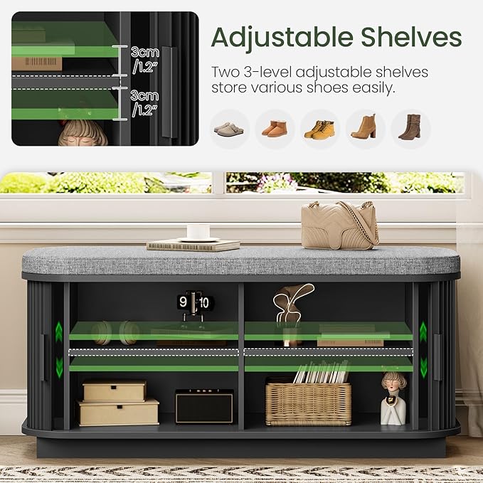 CHOEZON Shoe Storage Bench, Entryway Bench with Storage, Shoe Bench with Cushion and Sliding Door, Fluted Storage Bench, Entry Bench for Entryway, Hallway, Living Room, Bedroom, Black and Gray MHX02BB