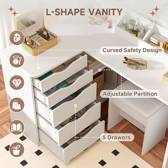 Furmax Vanity Desk with Mirror, L Shape Vanity, LED Lighted Mirror, with Power Outlet and 3 Storage Shelves, Makeup Table with 5 Drawers, 3 Color Modes, for Bedroom(White)