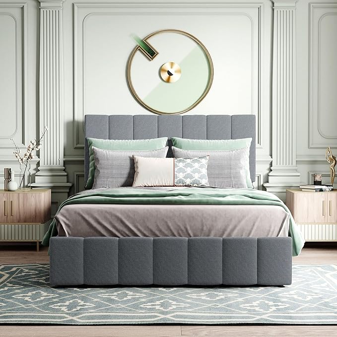 Harper & Bright Designs Upholstered Full beds Gas Lift Up Storage Platform Bed Frame with Tufted Headboard Wooden Slat Support and Under Bed Storage, Grey