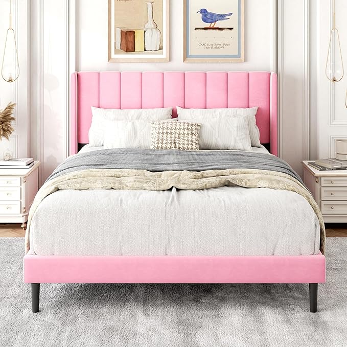 Gruwans Full Size Bed Frame with Upholstered Wingback Headboard, Easy Assemnly Platform Bed, Wooden Slat Support No Box Spring Needed, Pink